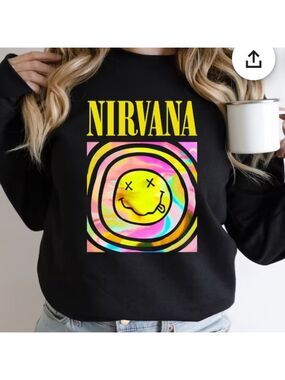 Nirvana Smiley Face Logo Crewneck Sweatshirt Size S Black Highlighter Tie Dye